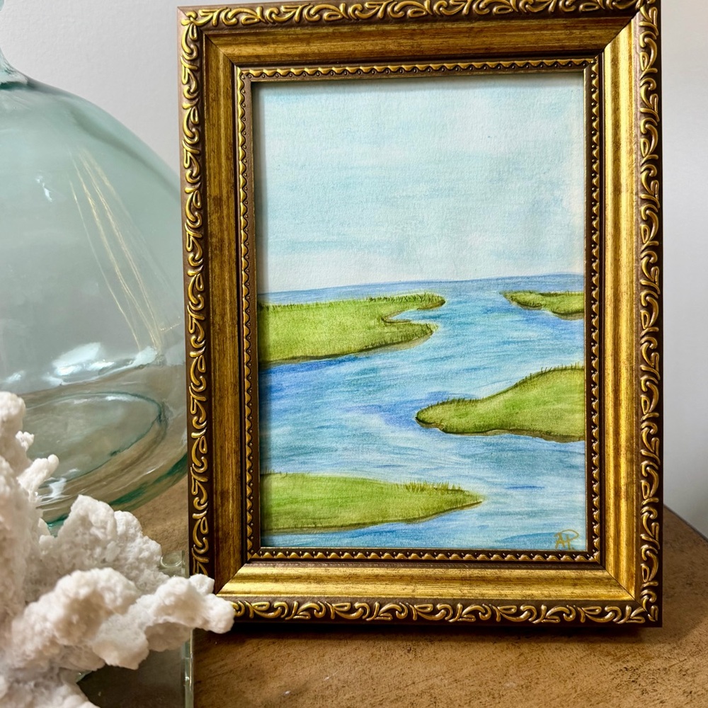 Original Watercolor Coastal Marsh Painting- 5x8 Gold Frame
